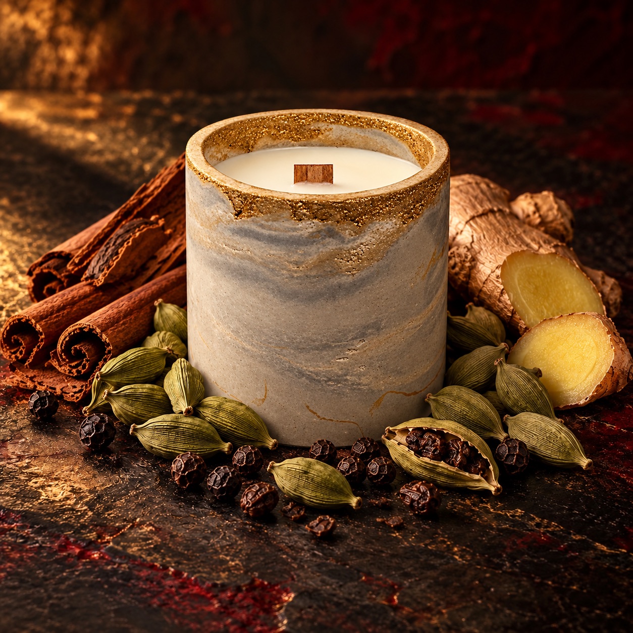 Forever Lit 8 oz Coconut Soy Candle — Black Cardamom illustrative candle scent scene; current size and finish unconfirmed
