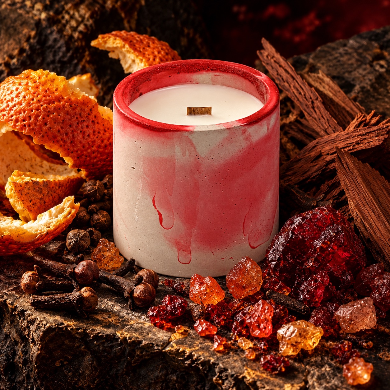 Forever Lit 8 oz Coconut Soy Candle — Dragon Blood illustrative candle scent scene; current size and finish unconfirmed