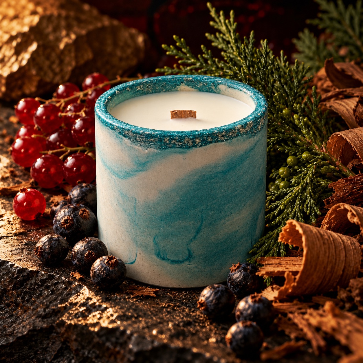 Forever Lit 8 oz Coconut Soy Candle — Dry Gin & Cypress illustrative candle scent scene; current size and finish unconfirmed